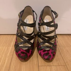 JIMMY CHOO JAZZ PUMPS 100 IN PINK LEOPARD PRINT PONY HAIR LEATHER GOOD CONDITION